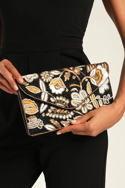 Black Floral Paisley Clutch