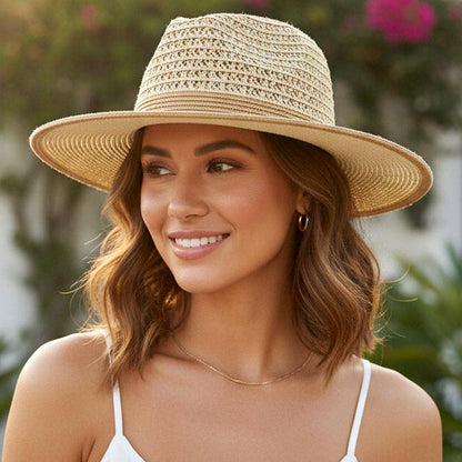 Bow Accent Two Tone Woven Straw Summer Fedora Hat