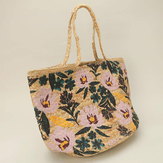 Floral Print Raffia Woven Tote Bag
