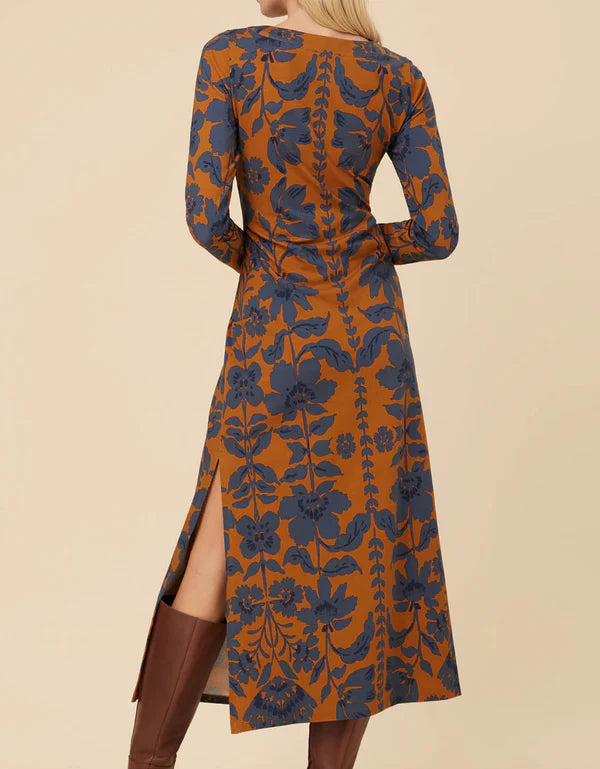 danielle midi dress Women's Danielle A-line Square Shoulder Lace Midi Dress S/M/L White&Blue Floral MEAN BLVD M / Blue/White / Floral