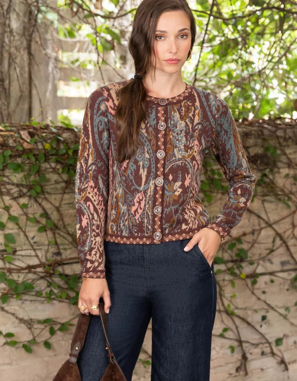 Francesca Jacquard Cardigan Tabby Paisley Bordeaux