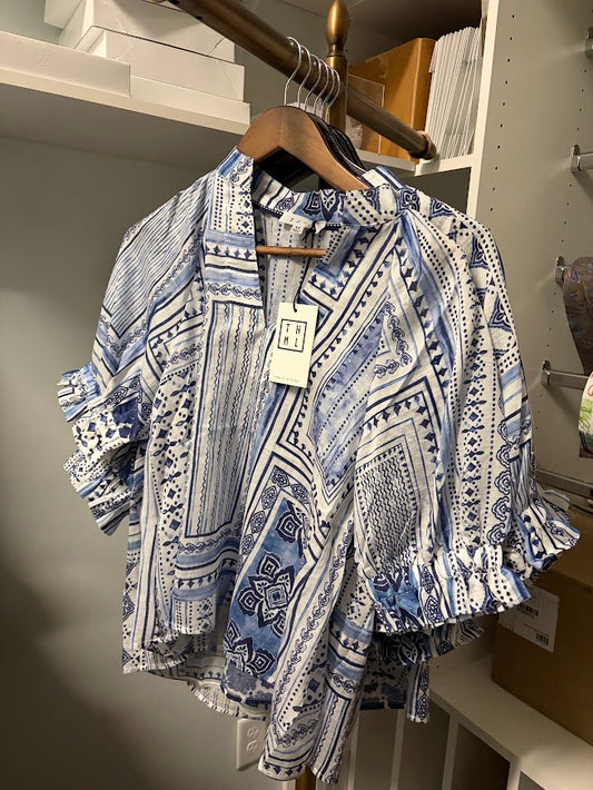 Blue and White Geometric Top