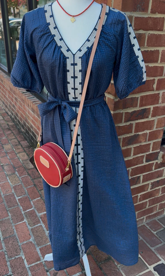 Puff Sleeve Textured Midi Dress