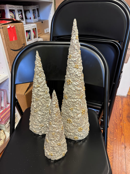 3 Piece Silver Christmas Trees with Gold berries