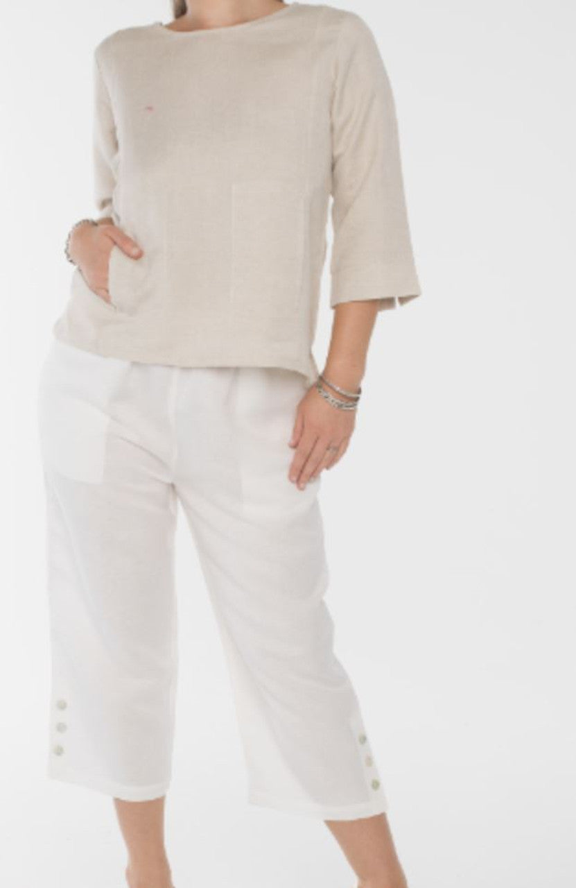 White Linen Side Button Pocket Capri