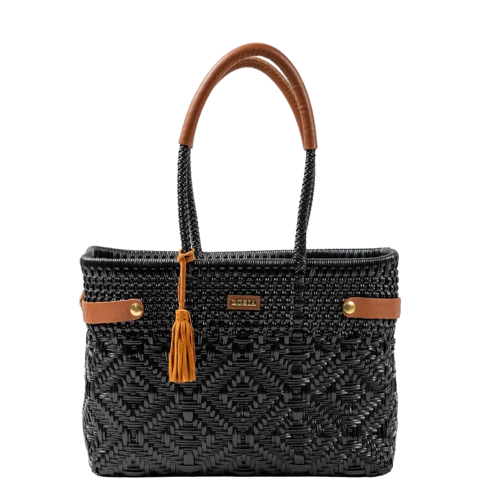 Open Basket Medium Braided Solid Black (Leather Cognac)