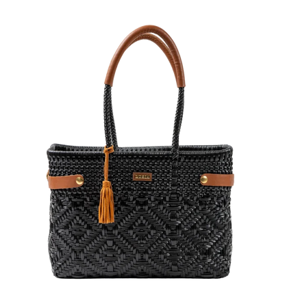 Open Basket Medium Braided Solid Black (Leather Cognac)