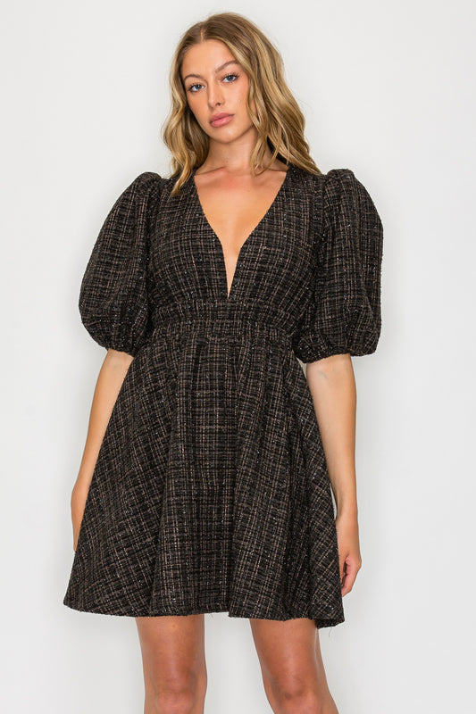 EBONY TWEED PUFF SLEEVE DRESS
