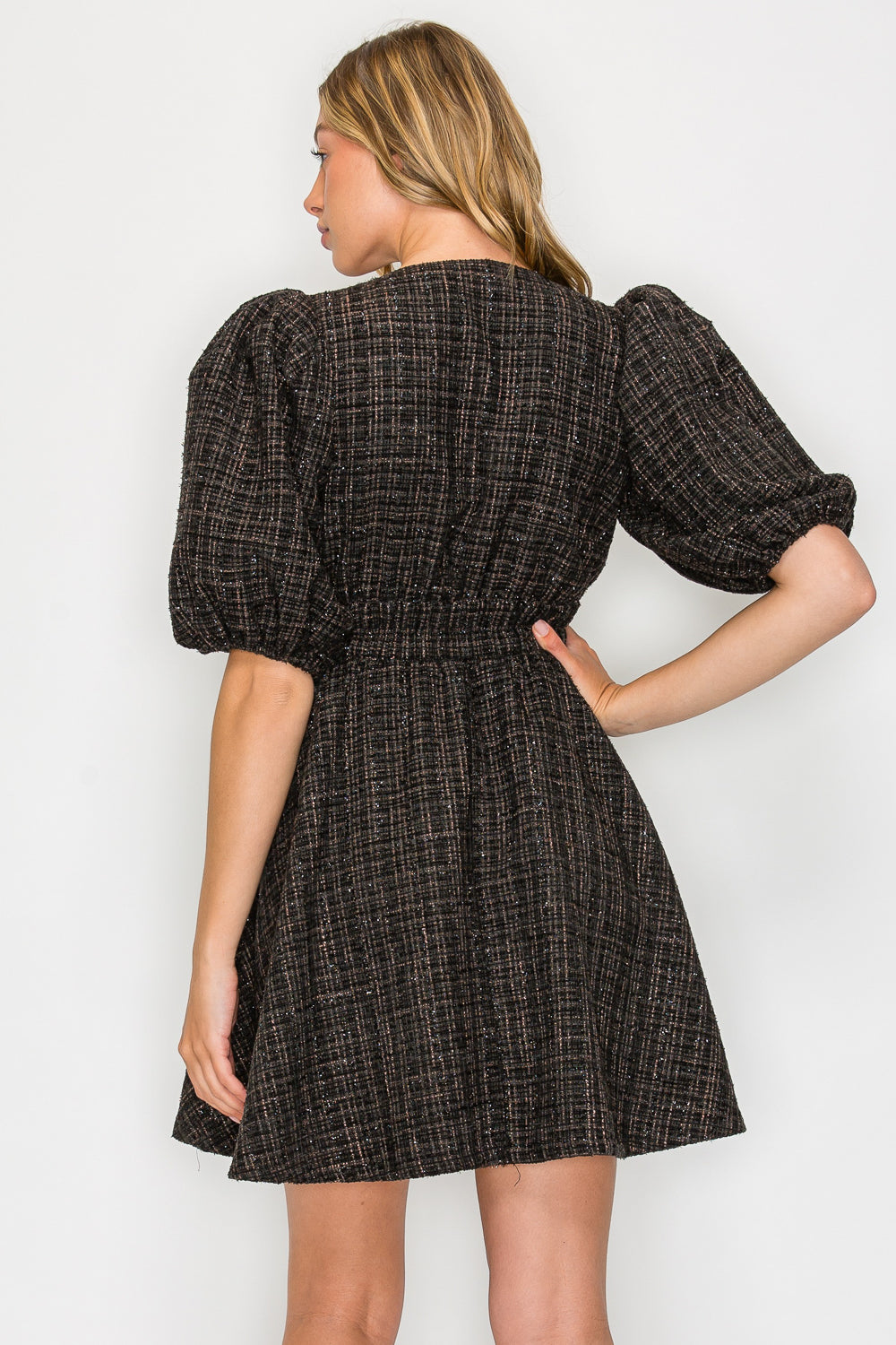 EBONY TWEED PUFF SLEEVE DRESS