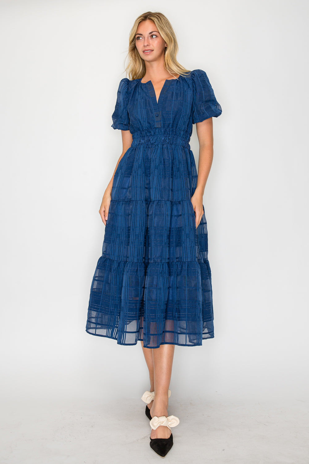 WINDOWPANE JACQUARD PUFF SLEEVE MIDI DRESS