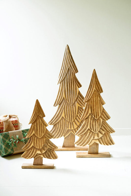 Carved Natural Mango Wood Christmas Trees with Gold Detail
