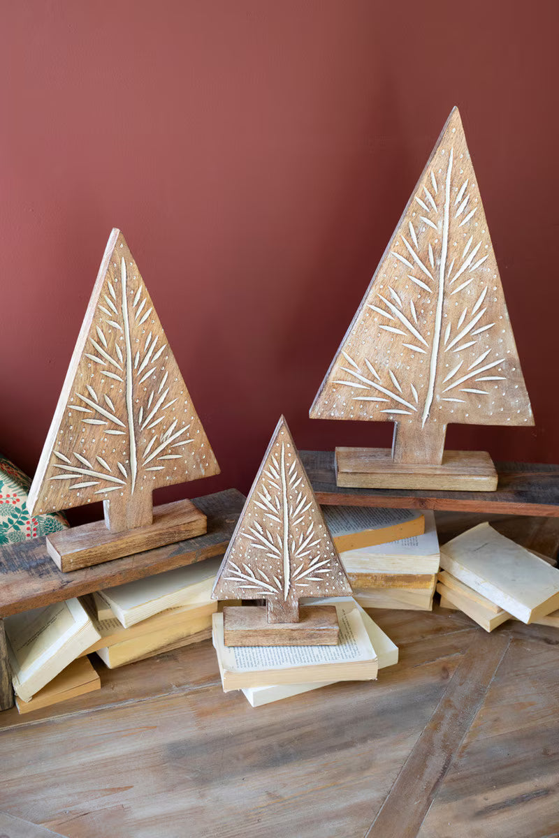 Carved Wood Christmas Trees on Stands