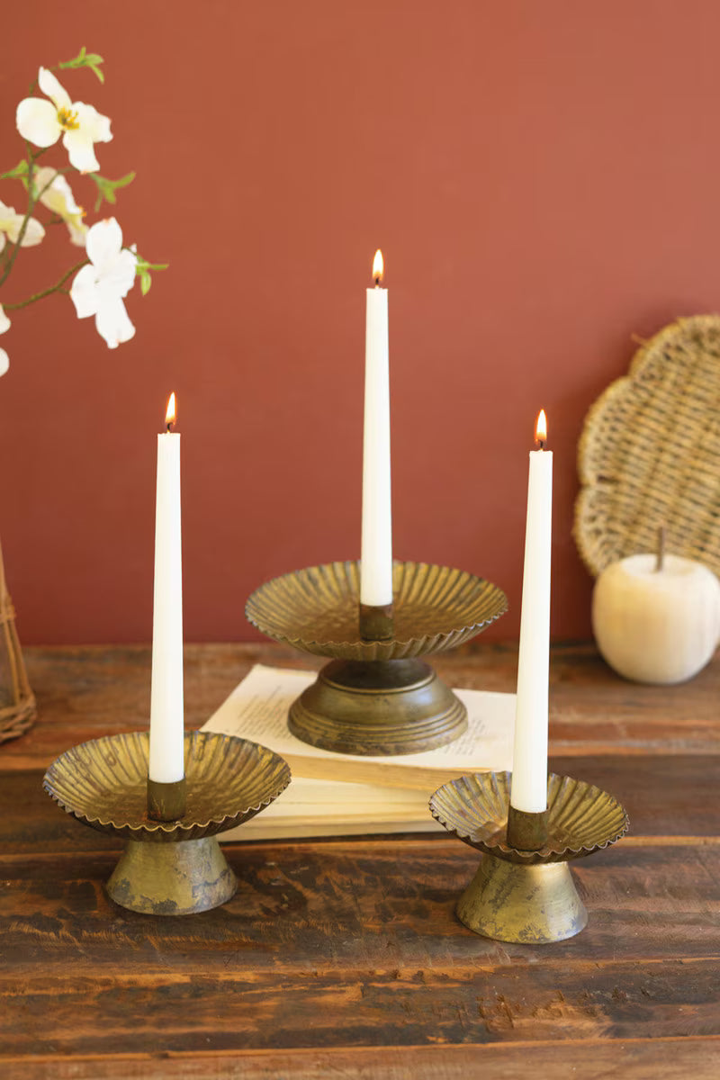 Antique Gold Taper Candle Holders With Fluted Bases- Set of 3