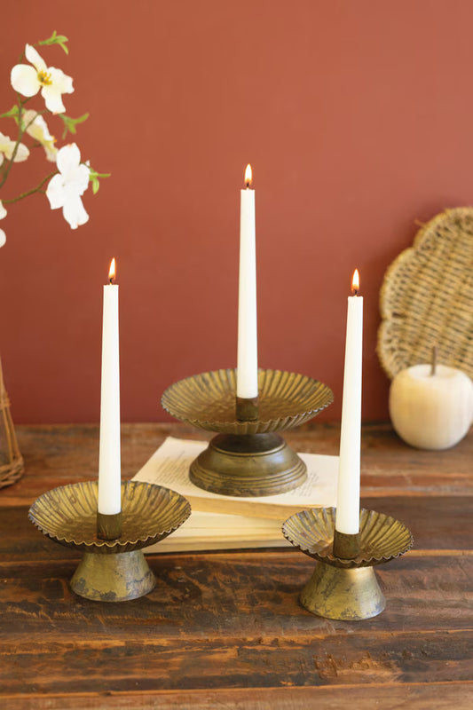 Antique Gold Taper Candle Holders With Fluted Bases- Set of 3