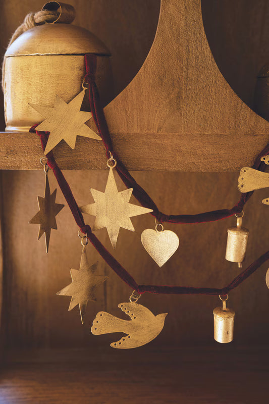 Christmas Charm Garland with Maroon Velvet Ribbon