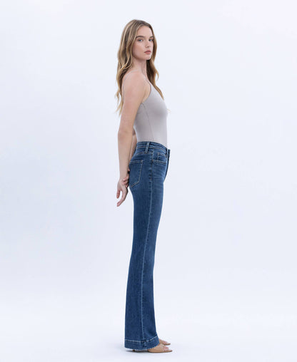 HIGH RISE DARK WASH TROUSER HEM BOOTCUT JEANS