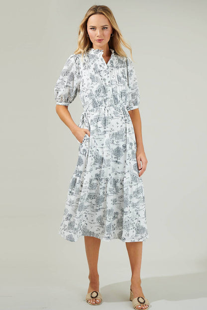 Renzo Toile Pleated Midi Dress