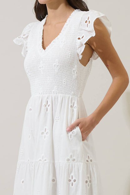 Kinna Eyelet Sunfire Tiered Midi Dress
