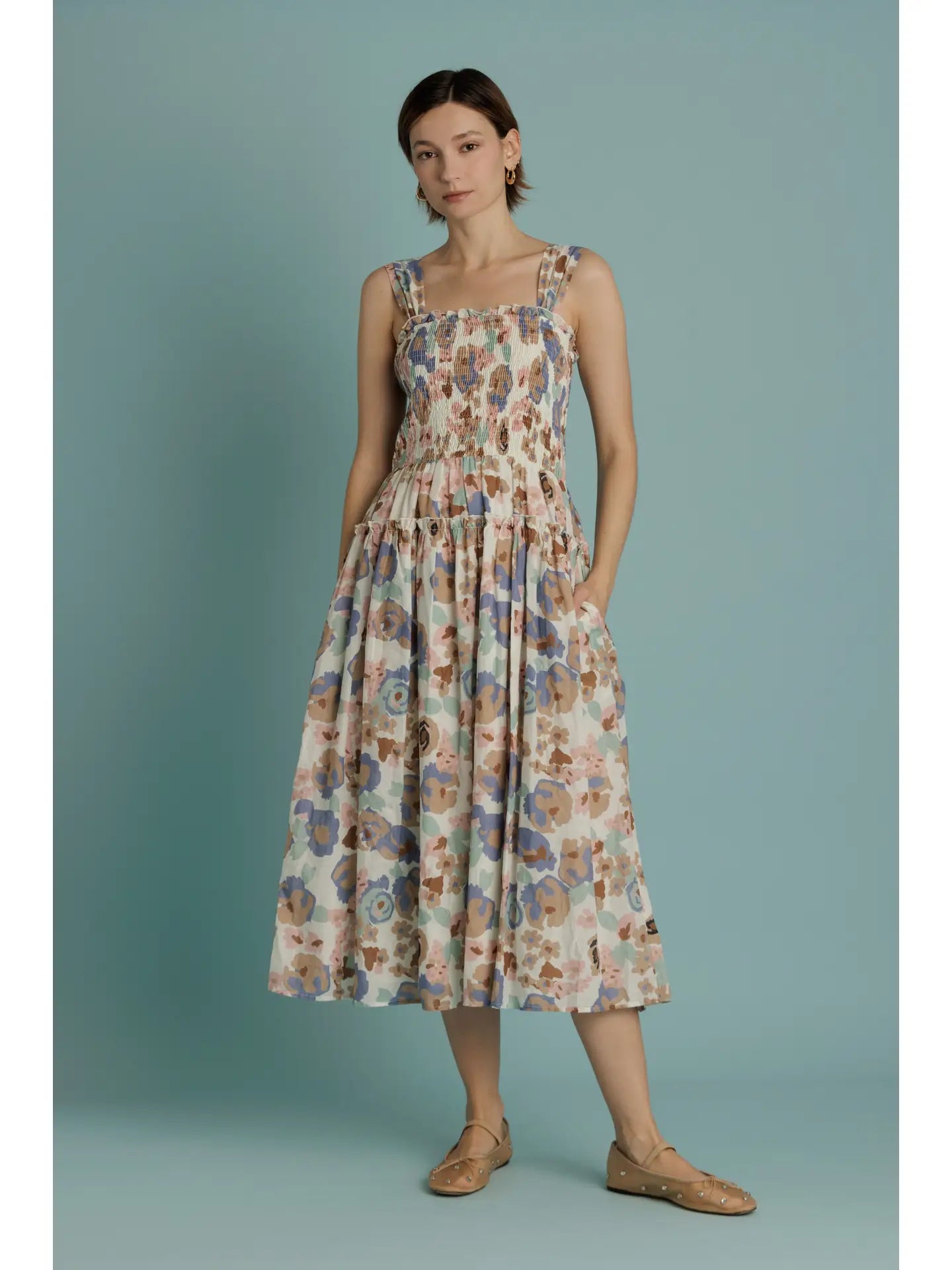 FLORAL SMOCKED MIDI DRESS