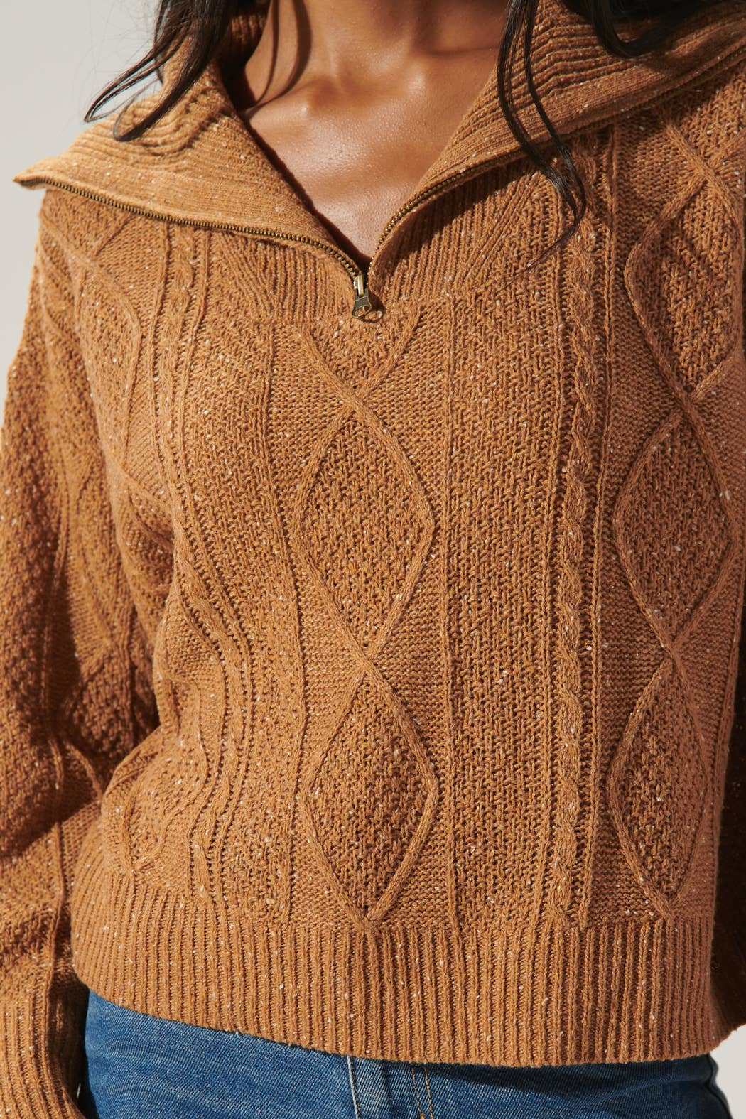 Mocha Cable Knit Half Zip Sweater