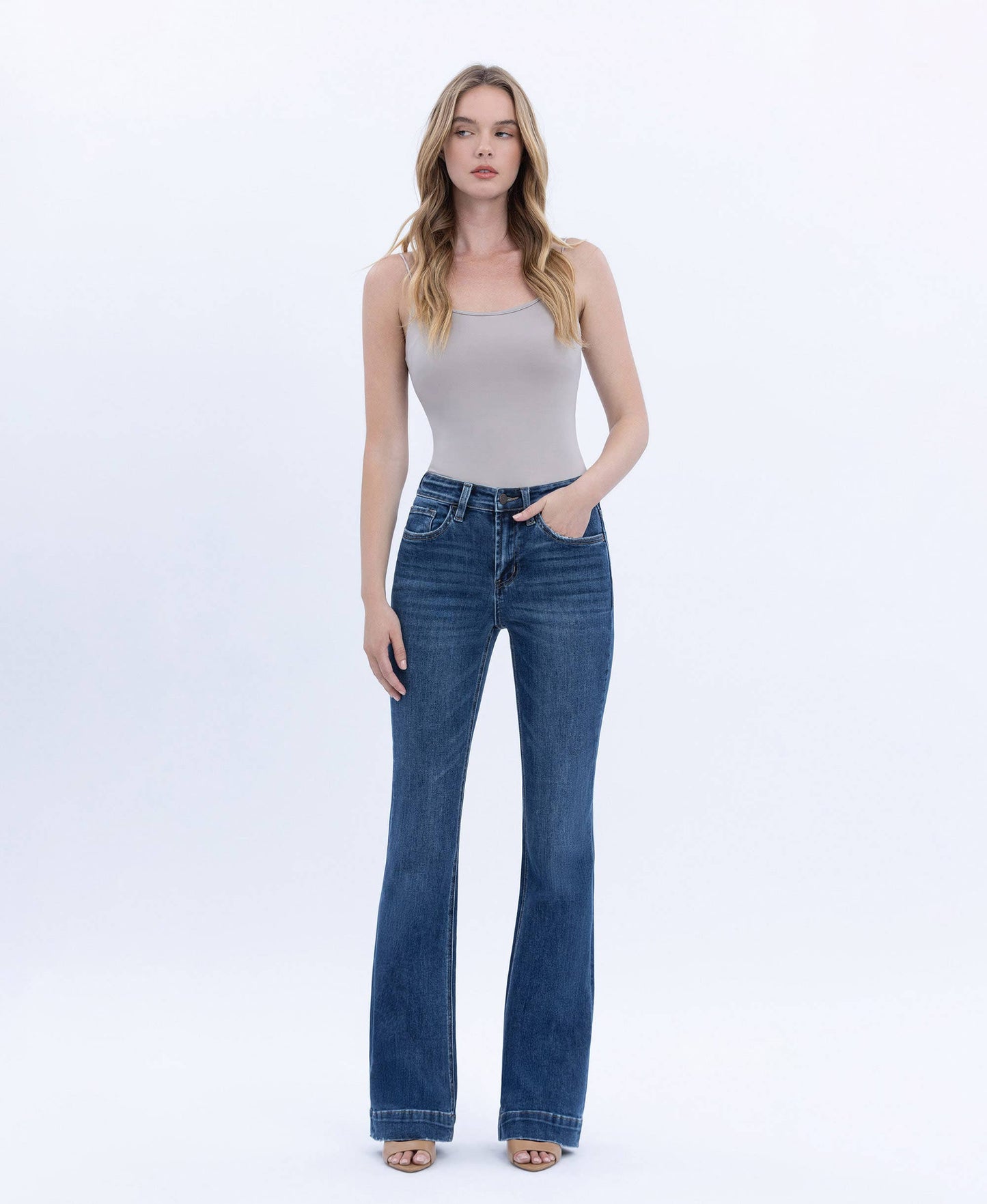 HIGH RISE DARK WASH TROUSER HEM BOOTCUT JEANS