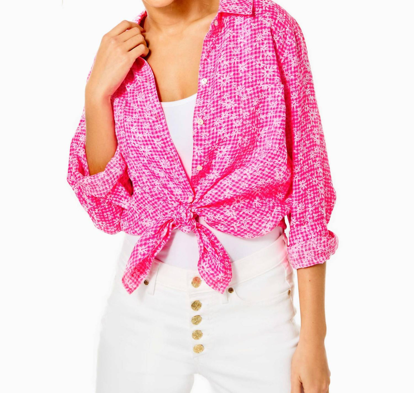 Sea View Button Down Shirt - Aura Pink Check You Out