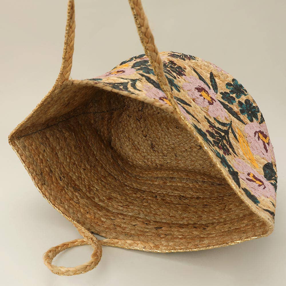 Floral Print Raffia Woven Tote Bag