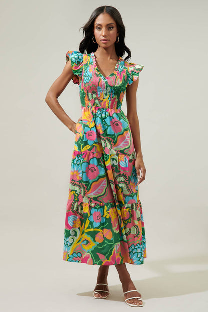 Lanai Tropics Sunfire Smocked Bodice Tiered Midi Dress