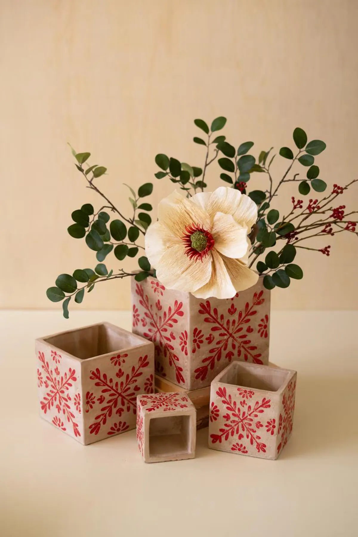 Square Cement Christmas Planters with Red Detail
