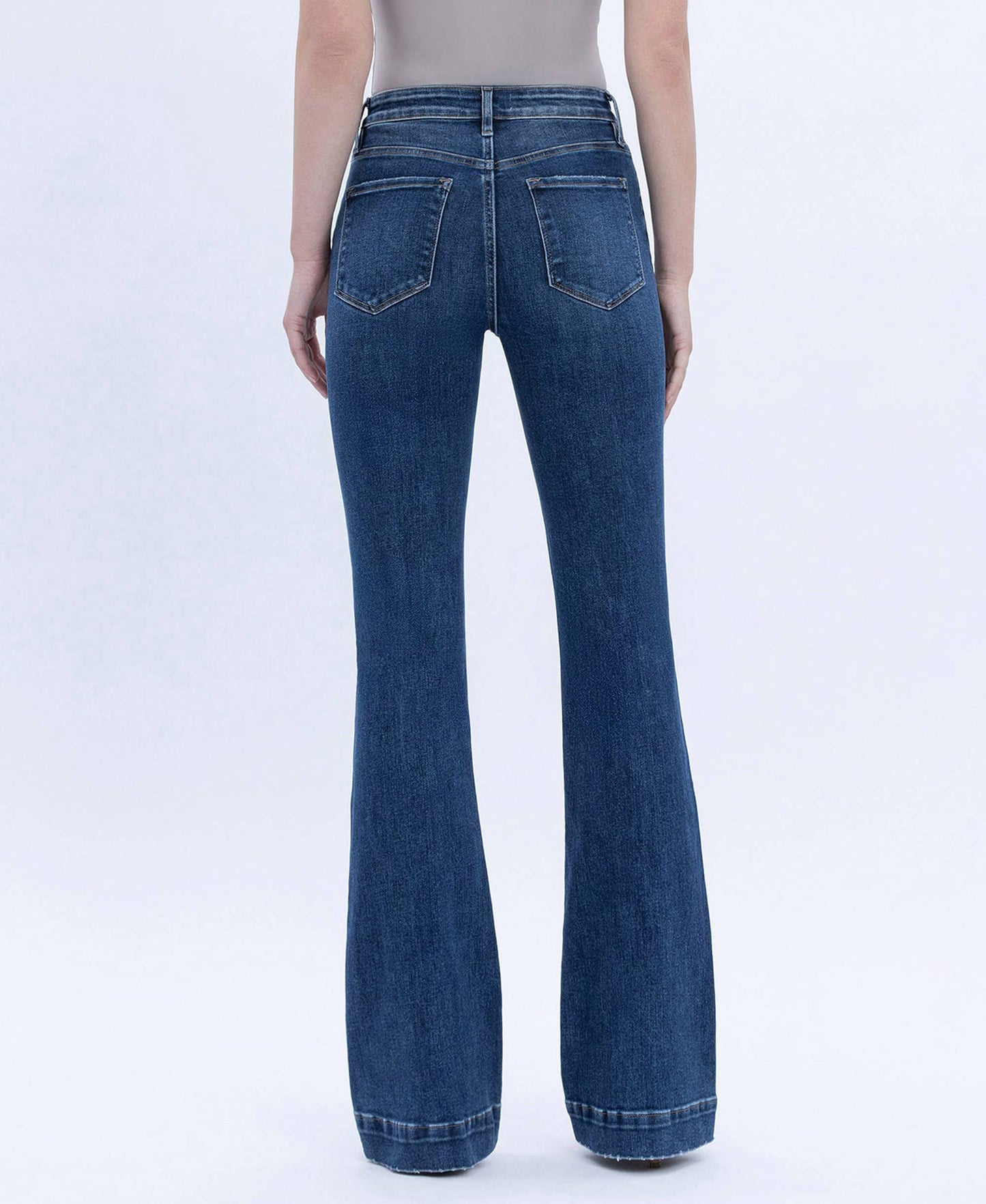 HIGH RISE DARK WASH TROUSER HEM BOOTCUT JEANS
