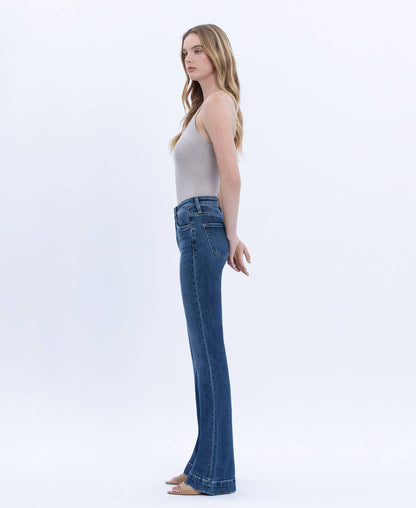 HIGH RISE DARK WASH TROUSER HEM BOOTCUT JEANS