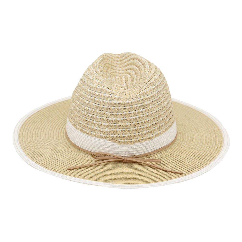 Bow Accent Two Tone Woven Straw Summer Fedora Hat