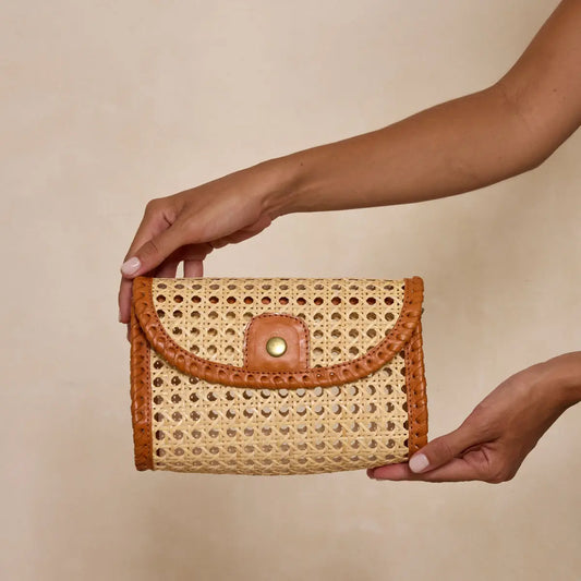 Rattan Clutch with Leather Trim and Crossbody Strap
