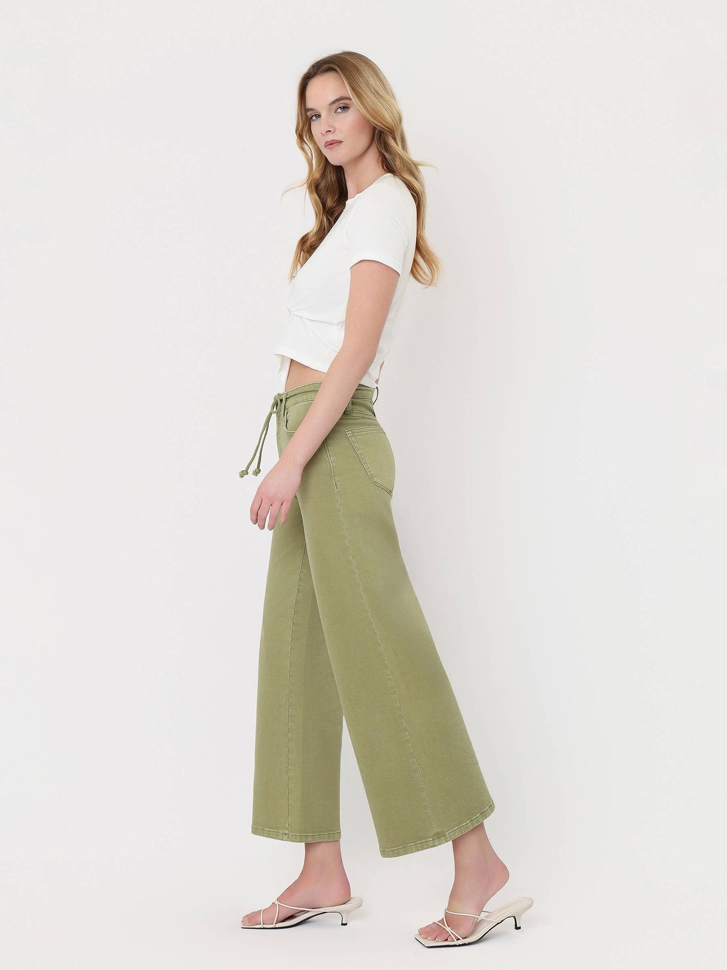 HIGH RISE DRAWSTRING COLOR CROP WIDE LEG JEANS