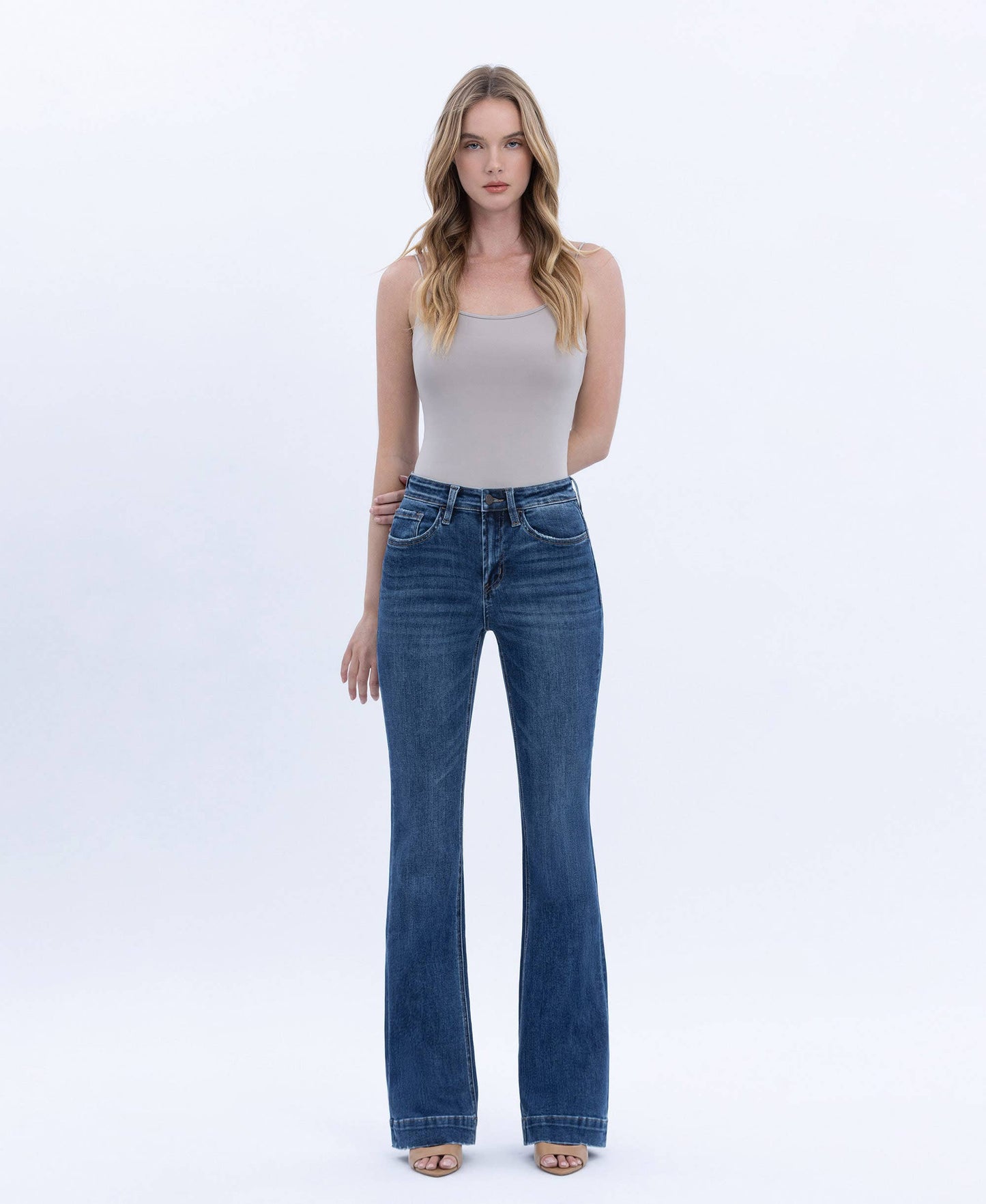 HIGH RISE DARK WASH TROUSER HEM BOOTCUT JEANS