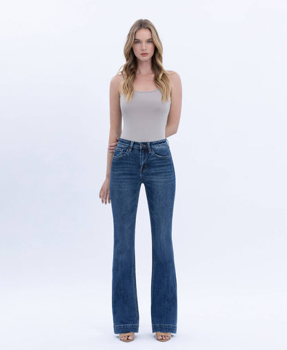 HIGH RISE DARK WASH TROUSER HEM BOOTCUT JEANS