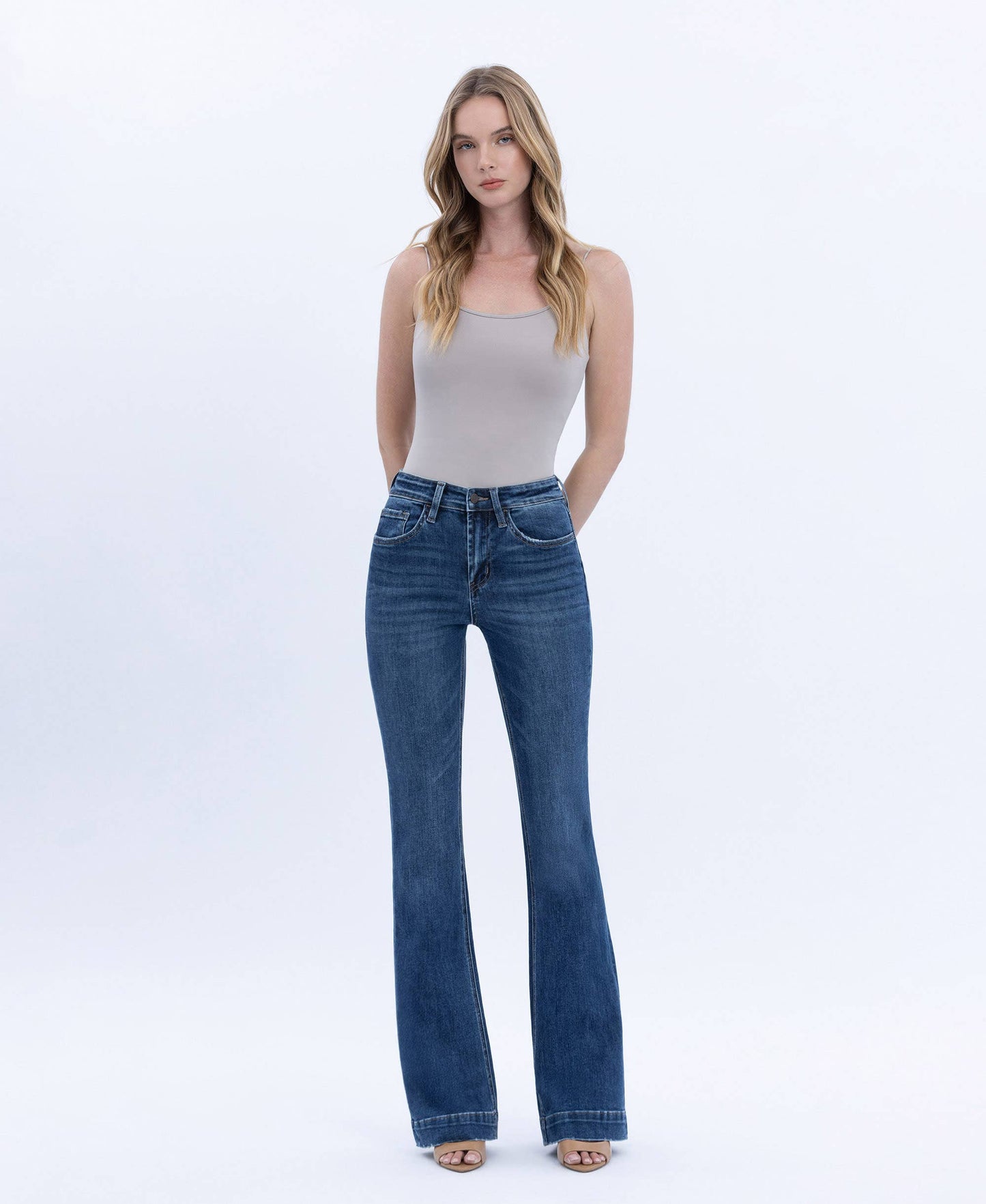 HIGH RISE DARK WASH TROUSER HEM BOOTCUT JEANS
