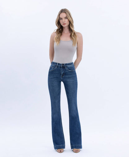 HIGH RISE DARK WASH TROUSER HEM BOOTCUT JEANS