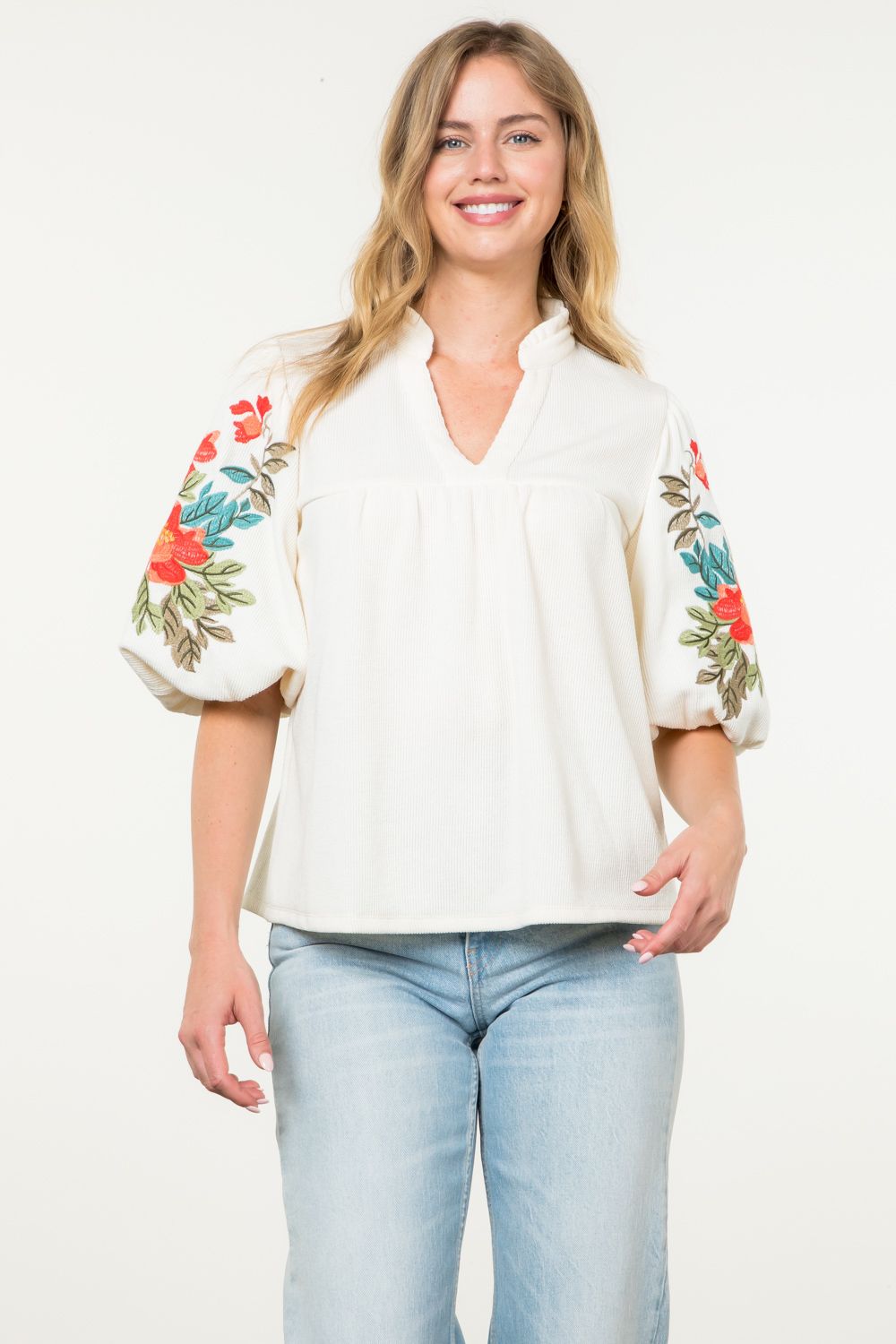 Embroidered Puff Sleeve Top