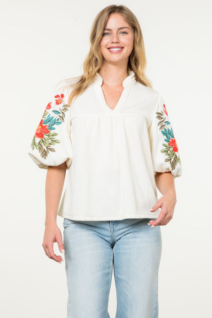 Embroidered Puff Sleeve Top