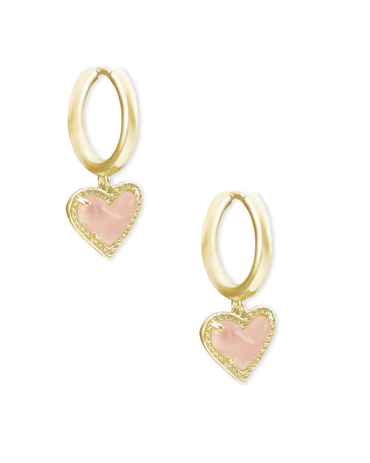 ARI Heart Huggie Earring in Gold Rose Quartz