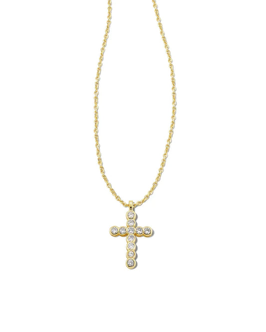 Cross Gold Pendant Necklace- White Crystal