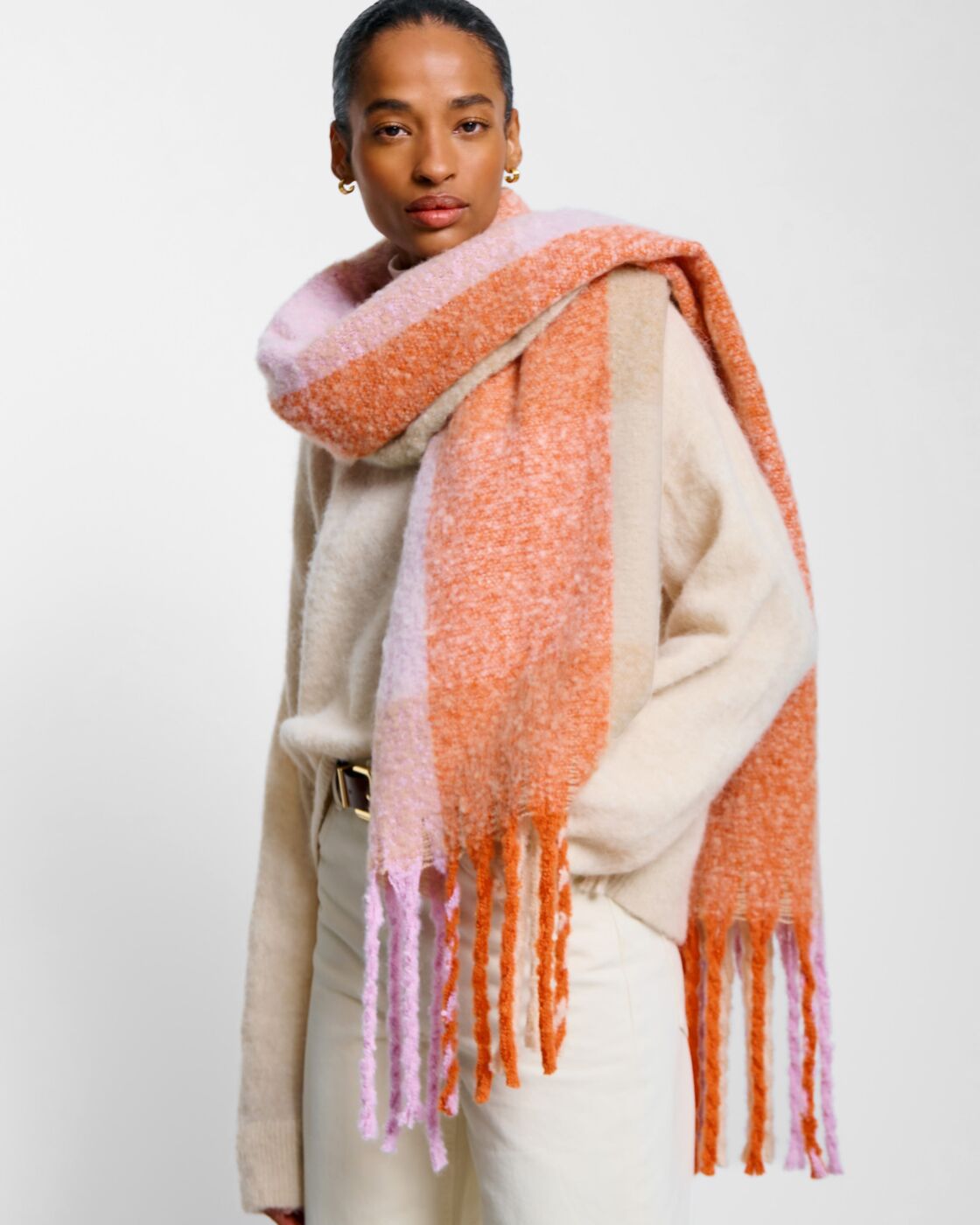 Recycled Checked Tassel Scarf