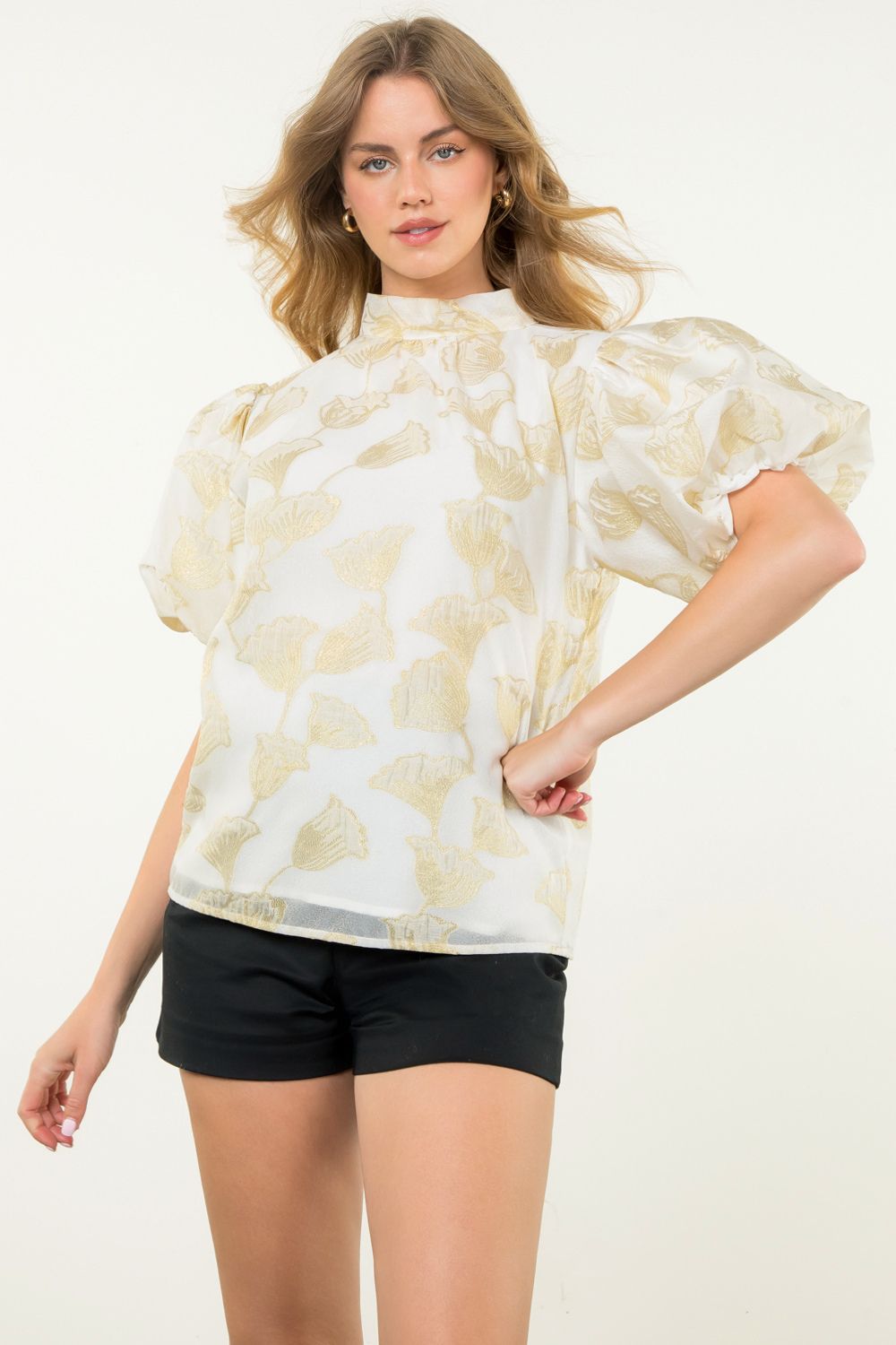 Metallic Flower Puff Sleeve