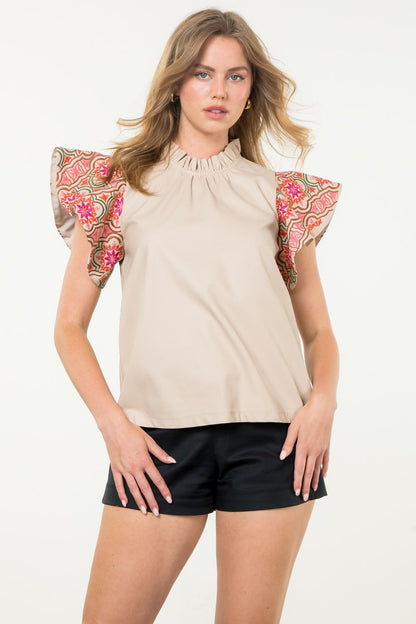 Embroidered Flutter Sleeve Leather Top