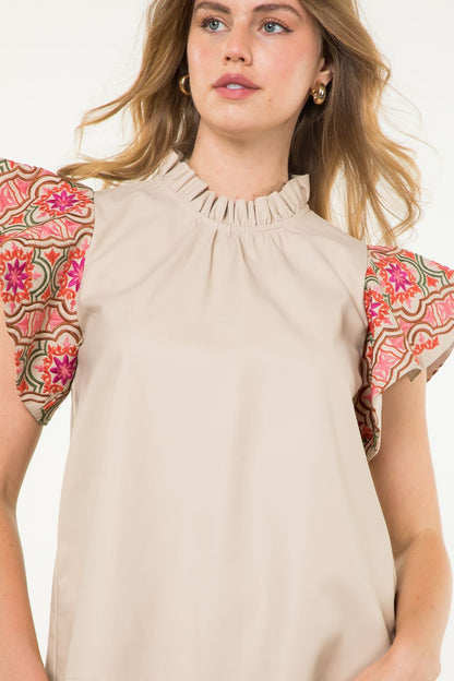 Embroidered Flutter Sleeve Leather Top