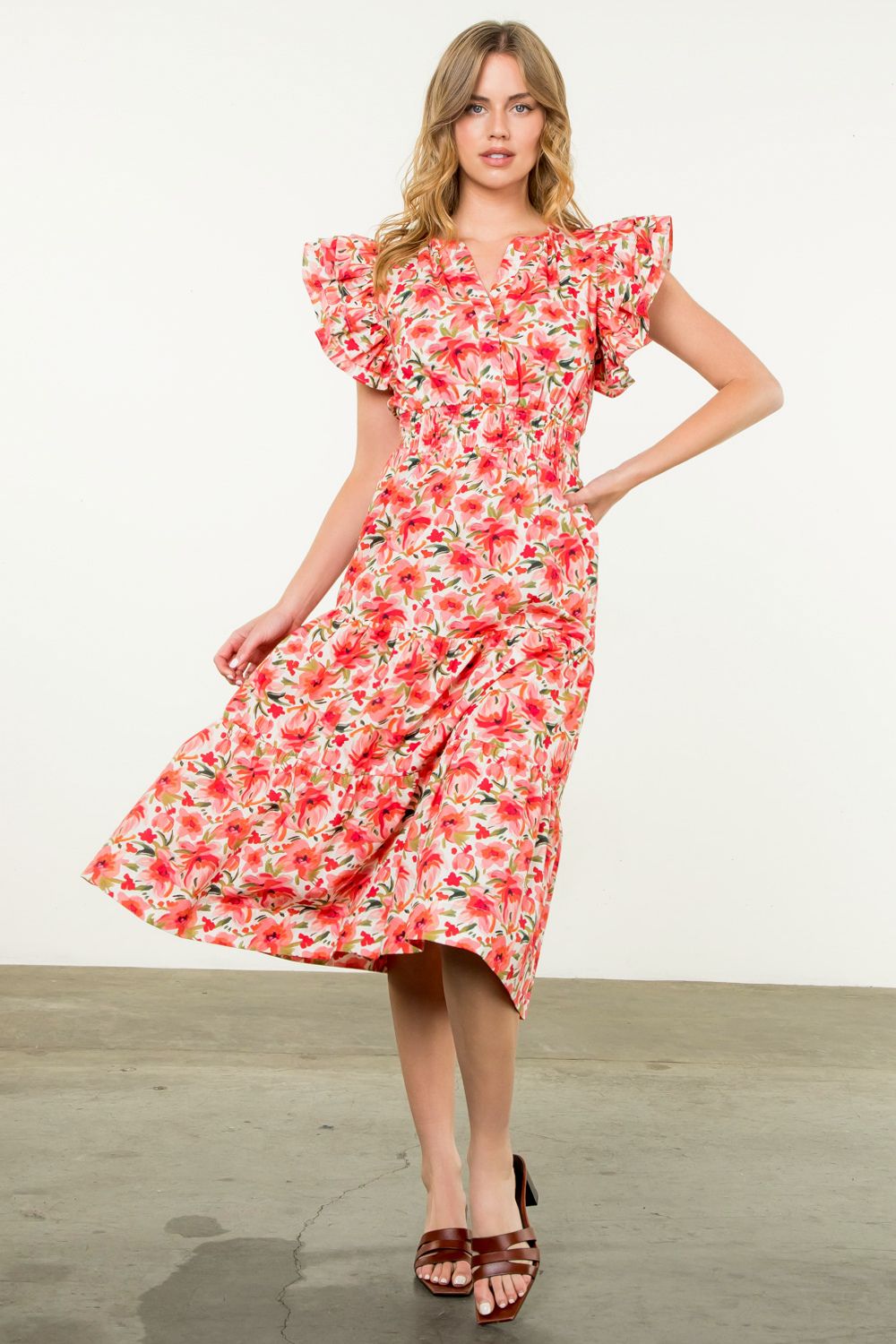 Ruffle Sleeve Flower Print Dress