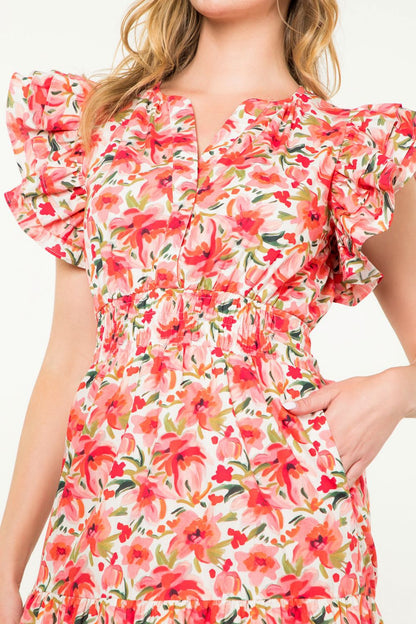 Ruffle Sleeve Flower Print Dress