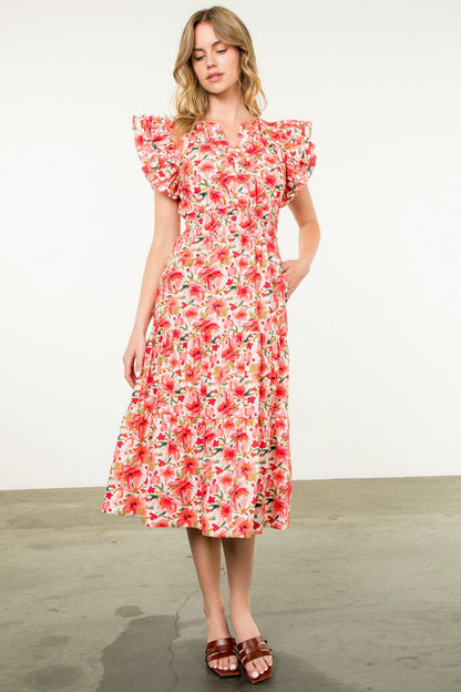 Ruffle Sleeve Flower Print Dress