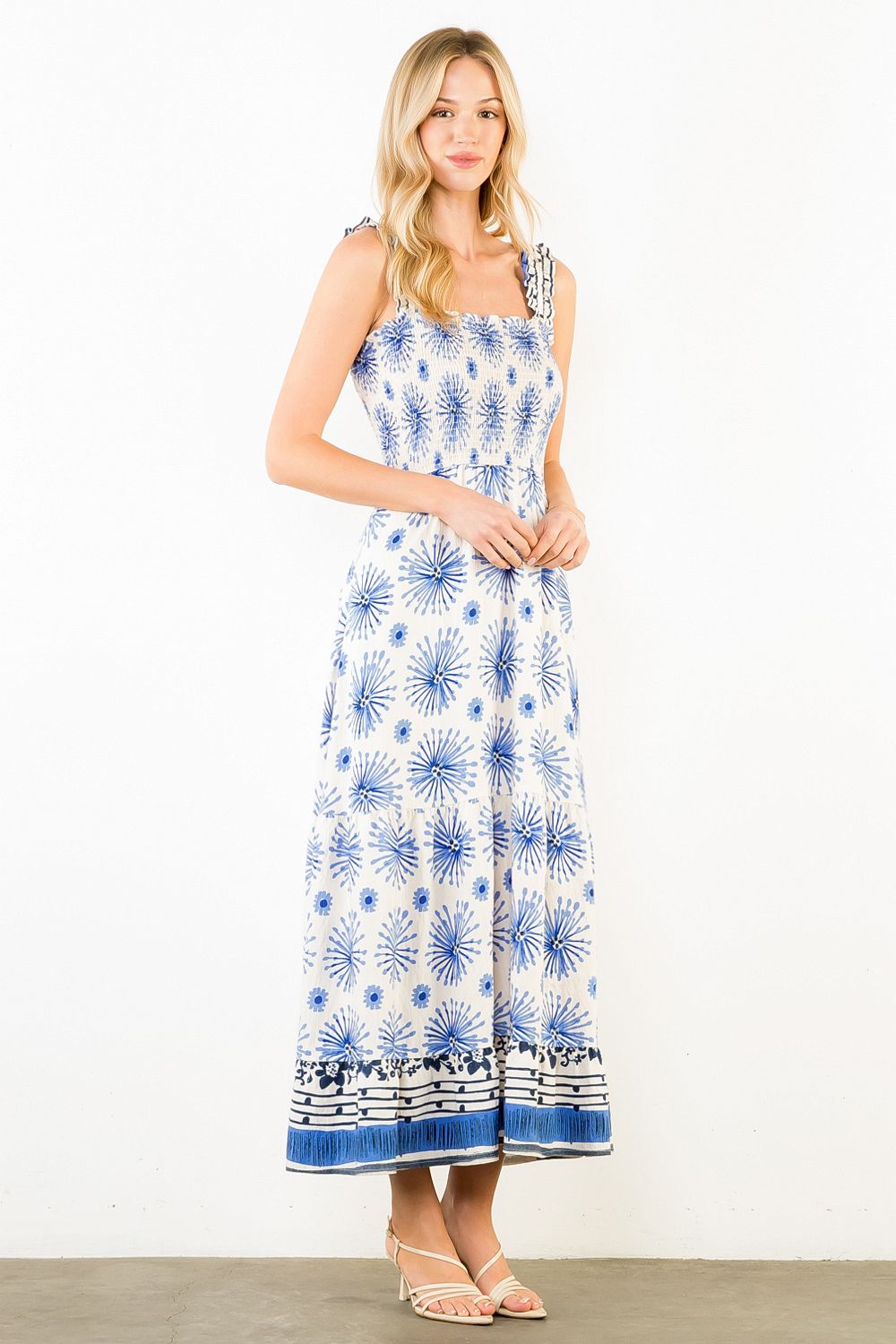 Ruffled Thin Strap Striped Tiered Midi Dress